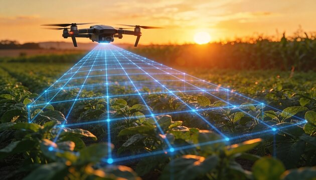 Drone utilizing precision technology for smart agriculture at sunset