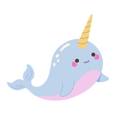 Cute narwhal character with golden horn. Illustration of a happy sea unicorn. Kawaii style marine animal for kids © Tetianka