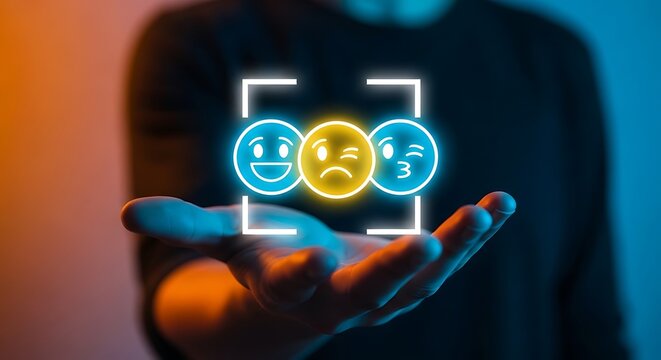 Futuristic facial recognition technology a hand holds a glowing digital interface with an emoji