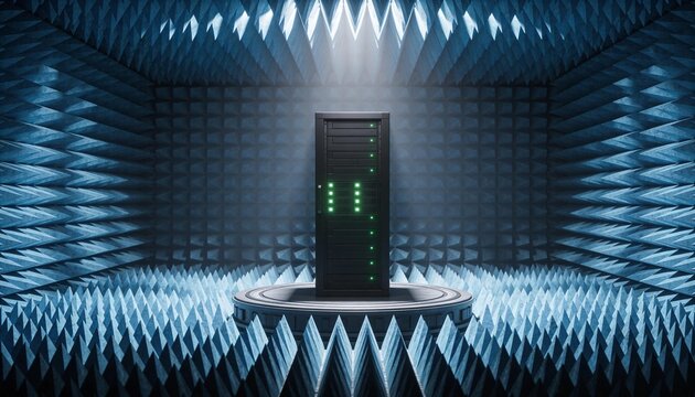 Modern data center with server rack in futuristic acoustic chamber