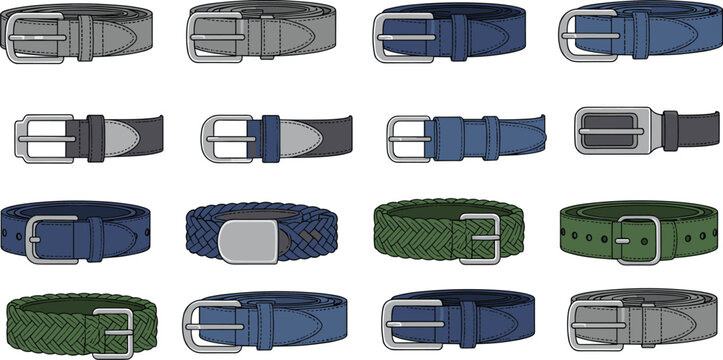 Leather And Woven Belt Vector Set Featuring Multiple Waist Belts With Silver Buckles In Blue Green And Grey For Mens Fashion Accessory Graphic Designs