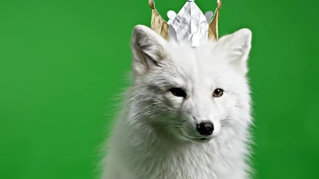 White artic fox wearing a gold and silver paper crown against a vibrant green background, looking directly at the viewer.