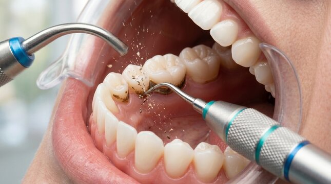 Dentist removing tartar from teeth of patient. Specialist using ultrasonic scaler for oral hygiene and professional teeth cleaning. Clinic procedure for dental health and medical care.