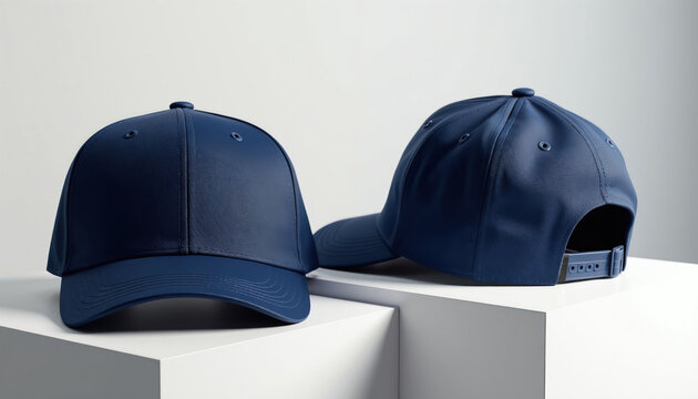 Two navy blue baseball caps displayed on white pedestals. One cap faces forward showing front panel. Faces backward revealing adjustable strap. Plain hats perfect for custom branding, design.