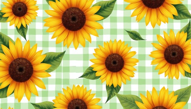 Bright sunflower pattern illustration with green gingham background. Yellow flowers and green leaves repeat across the surface. Floral design for summer and autumn themes.
