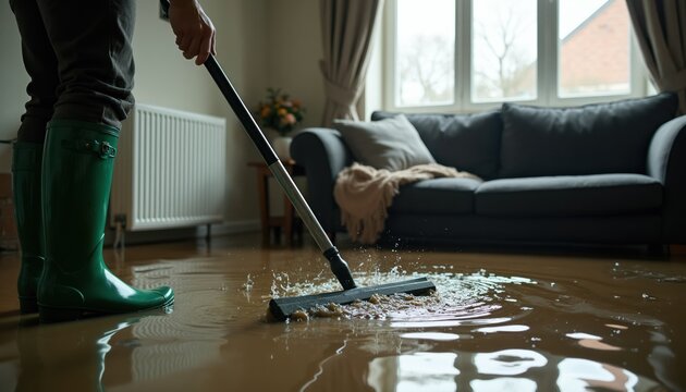 Person in green boots uses squeegee to clear floodwater from living room floor. Water splashes as they sweep debris and flood damage from home interior after storm. Domestic crisis and repair.