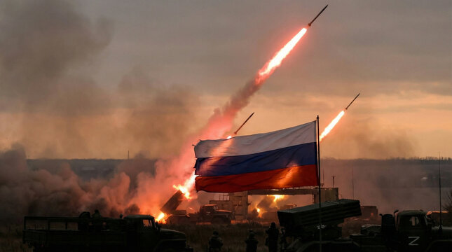 Russian Military Rockets Launch with Flag Displayed During Sunset