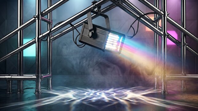 Stage spotlight mounted on metal truss emitting colorful light beam. Professional equipment for concert, theater, event production and nightclub atmosphere. Entertainment technology gear.