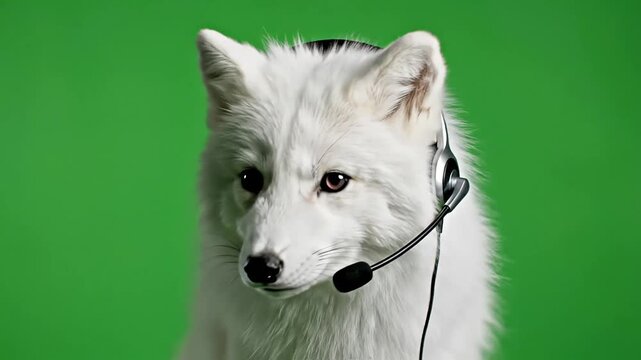 A white arctic fox wearing a black headset with a microphone against a green screen background.