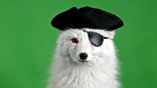 A white arctic fox wearing a black pirate hat and an eye patch against a green background, looking directly at the camera.