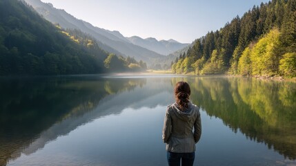 Fototapeta premium Contemplative lakeside scene with a lone figure facing a green mountain range