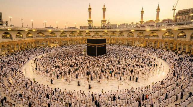 Thousands of Pilgrims Perform Tawaf Around Kaaba in Mecca During Sunset