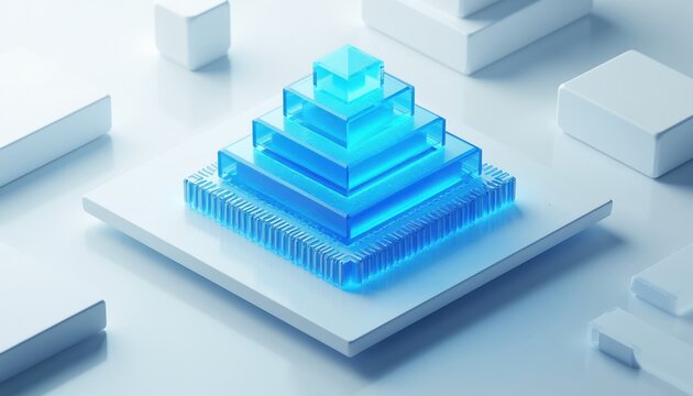 Abstract 3D model with blue glass pyramid layers stacked on computer chip base. Clean geometric shapes on white surface suggest innovation progress, data structure, or tech development.
