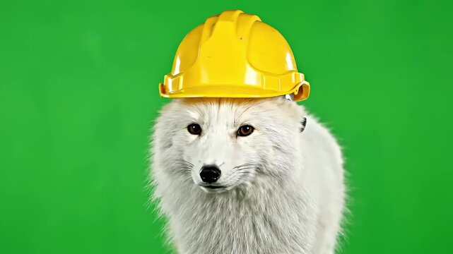 A white arctic fox wearing a yellow construction hard hat against a green screen background, looking directly at the camera.