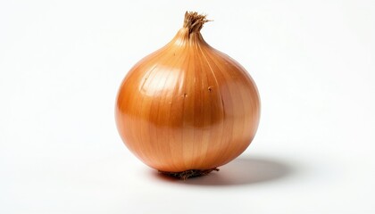 Single whole yellow onion bulb with dry top. This raw allium vegetable sits on a clean white background. Ideal for culinary themes and healthy food content. Simple ingredient photo. © Pete