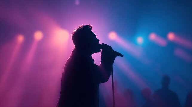 Backlit stage silhouette: vocalist singing into a microphone amid colorful spotlights