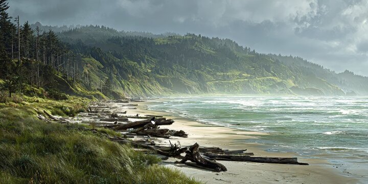 Serene Coastal Scene in Yachats, Oregon with Beach, Driftwood, and Verdant Forest