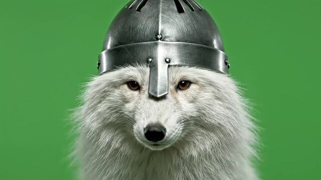 A white arctic fox wearing a metal helmet on a vibrant green background, looking directly forward.