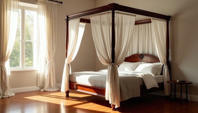 Mahogany four-poster bed with white linen curtains. Sunlight streams through window illuminating plush bedding. Elegant bedroom interior design. Luxurious, classic, comfortable sleep space.