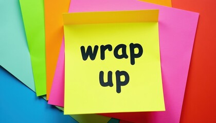 Naklejka premium Yellow sticky note with words wrap up on colorful paper. Reminder for project deadline or end of meeting. Task completion reminder or summary note for planning.