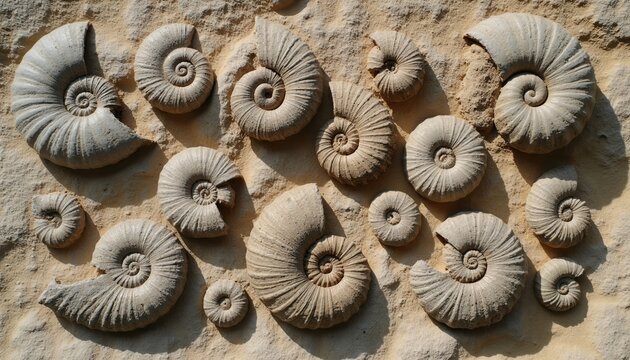 Collection of fossilized ammonites arranged on rough rock surface. Spiral shells show natural patterns, texture. Ancient marine creatures preserved in stone over millions of years, offering glimpse