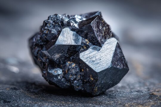 Close-up mineral specimen: lodestone crystal facets and iron ore with reflective surfaces