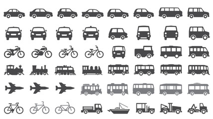 Collection of dark gray silhouette of various vehicles and modes of transport automobile sedan hatchback © MadhobiRani