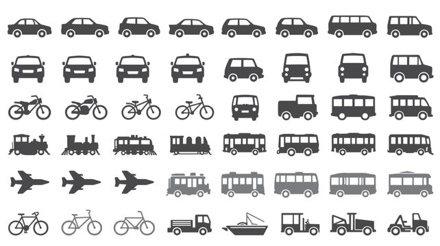 Collection of dark gray silhouette of various vehicles and modes of transport automobile sedan hatchback