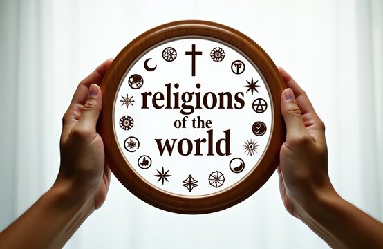 Hands hold circular disc displaying world religions text and symbols. Diverse faith emblems circle central message about global spiritual unity and coexistence. Interfaith concept shown.