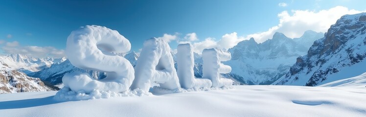 Fototapeta premium Giant snow letters spell SALE on winter mountain landscape. Snow covered peaks and blue sky form backdrop for this winter clearance promotion.