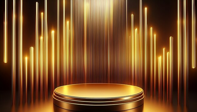 gold empty podium floating in the air in dark scene with wall of line vertical gold neon lamps around
