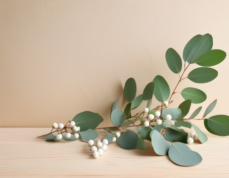 green eucalyptus leaves white berries and soft branches rest on light wooden surface with pastel beige wood wall background creating calm natural and minimalist scene