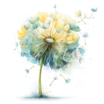 Delicate dandelion puffball in soft watercolor hues, airy seed dispersal artwork