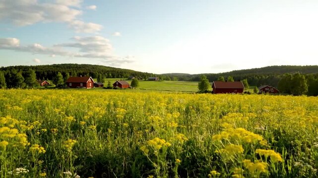 Scenic Swedish countryside meadow field with charming red houses nestled in a verdant landscape under a bright sky