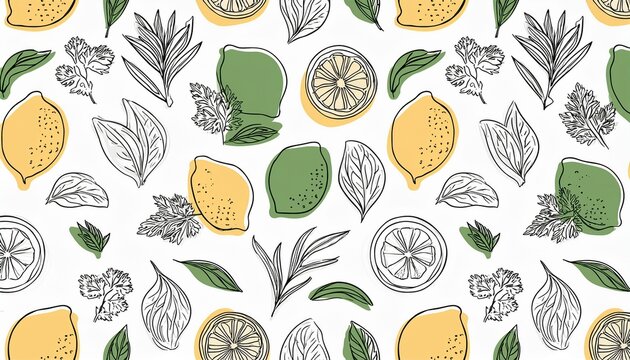 seamless minimal lineart design with herbal teas lemon lime ginger mint dill and leaves creating fresh and natural botanical pattern for kitchen or tea packaging