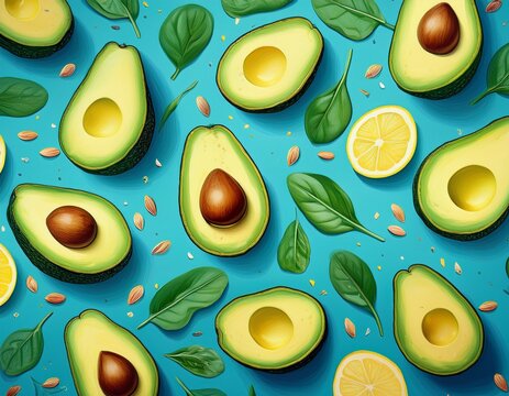 seamless pattern featuring avocado halves lemon slices spinach leaves and scattered seeds on blue background creating fresh and vibrant healthy food design