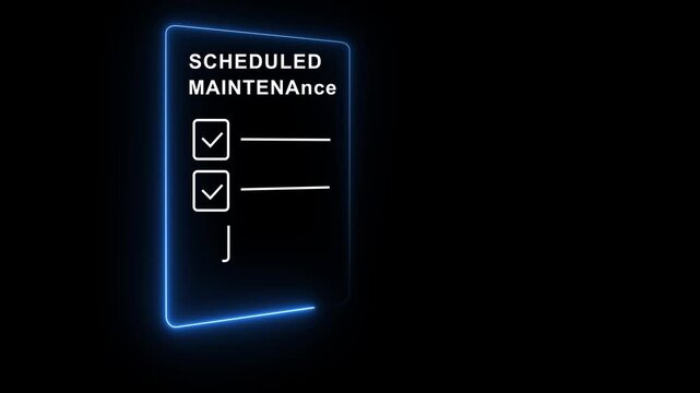 Smart factory predictive maintenance. A hand holding a pen marks a digital checklist for scheduled maintenance on a tablet. black background 4K VIDO ANIMATION