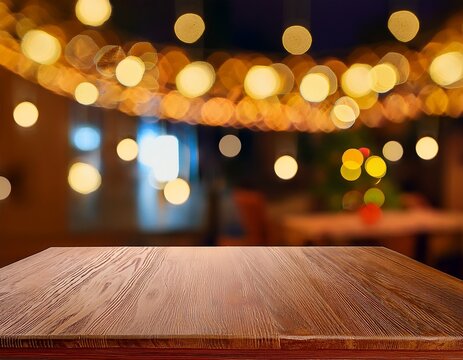 table top view of beside table or nightstand on blurred cozy night ambiance at hotel room with bokeh background empty wooden table for product display and customization