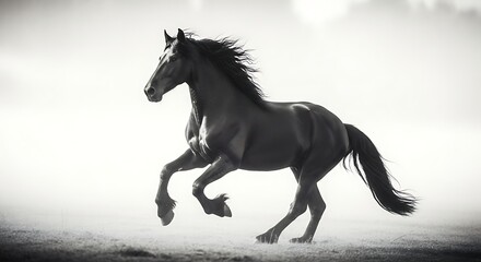 Obraz premium Majestic black horse galloping freely across a sandy beach in dramatic monochrome