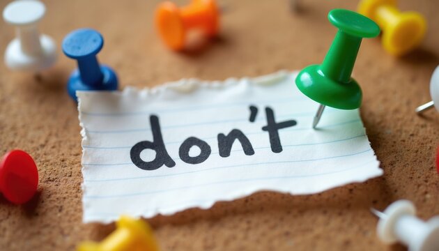 Note with word dont pinned on corkboard with colorful thumbtacks. Simple paper message implies prohibition or a negative instruction for office or school use.
