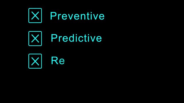 Smart factory predictive maintenance with hand pointing finger on digital screen showing equipment care and efficiency options animation 4k vido