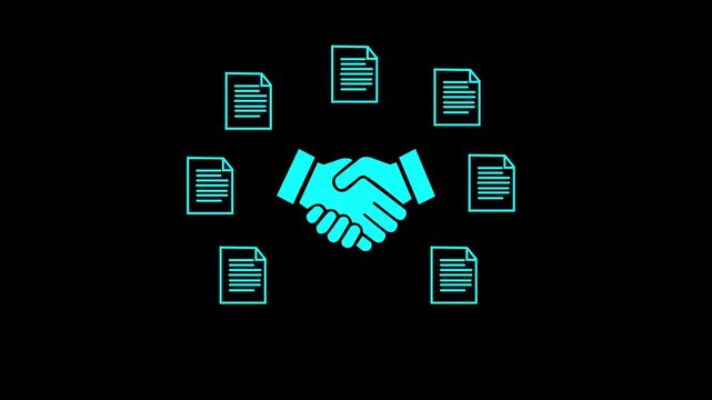 Ai driven procurement technology and automation improve supply chain management with digital handshake and document icons in business concept animation 4k vido