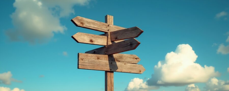 Wooden directional signpost with multiple arrows points in various ways. Clear blue sky with fluffy white clouds serves as background. Indicates choices, paths, and decisions ahead.