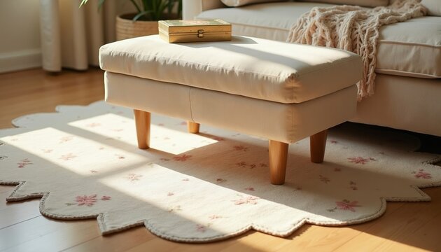Beige upholstered ottoman with wooden legs sits on floral scalloped rug. Sunlight streams onto floor and furniture in cozy living room interior setting. Elegant decorative home accent piece.