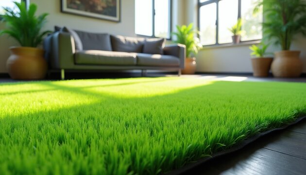 Bright green artificial grass carpet covers dark floor inside modern room. Soft synthetic turf roll is next to a grey sofa with potted plants.