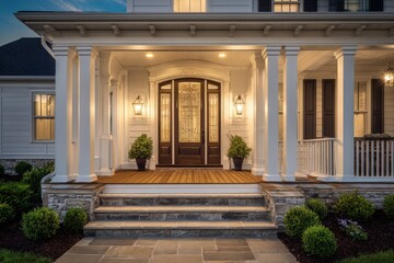 Fototapeta premium Grand doorway with classic woodwork, columns, and a warm wooden terrace for an upscale home