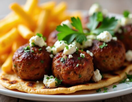 Juicy Greek bifteki meatballs with crumbly feta cheese and fresh parsley served alongside crispy golden french fries on warm flatbread. Delicious satisfying meal for any time.