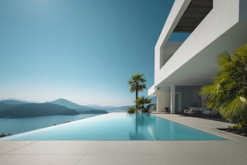 Fototapeta premium A stunning infinity pool offers breathtaking mountain views right next to a contemporary house, shining beautifully under the bright daylight