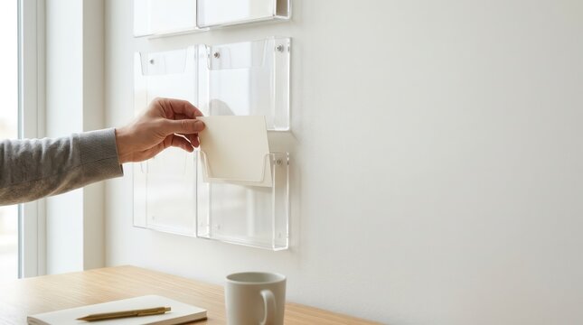 Hand placing blank card into clear wall pocket organizer in modern office workspace with clean copy space for document review workflow and business planning
