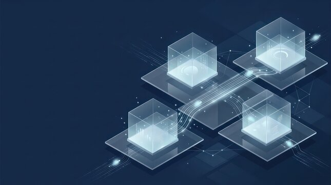 Transparent enterprise module orchestration background with glowing connected data flow, abstract multiagent system architecture, navy blue copy space for technology presentation